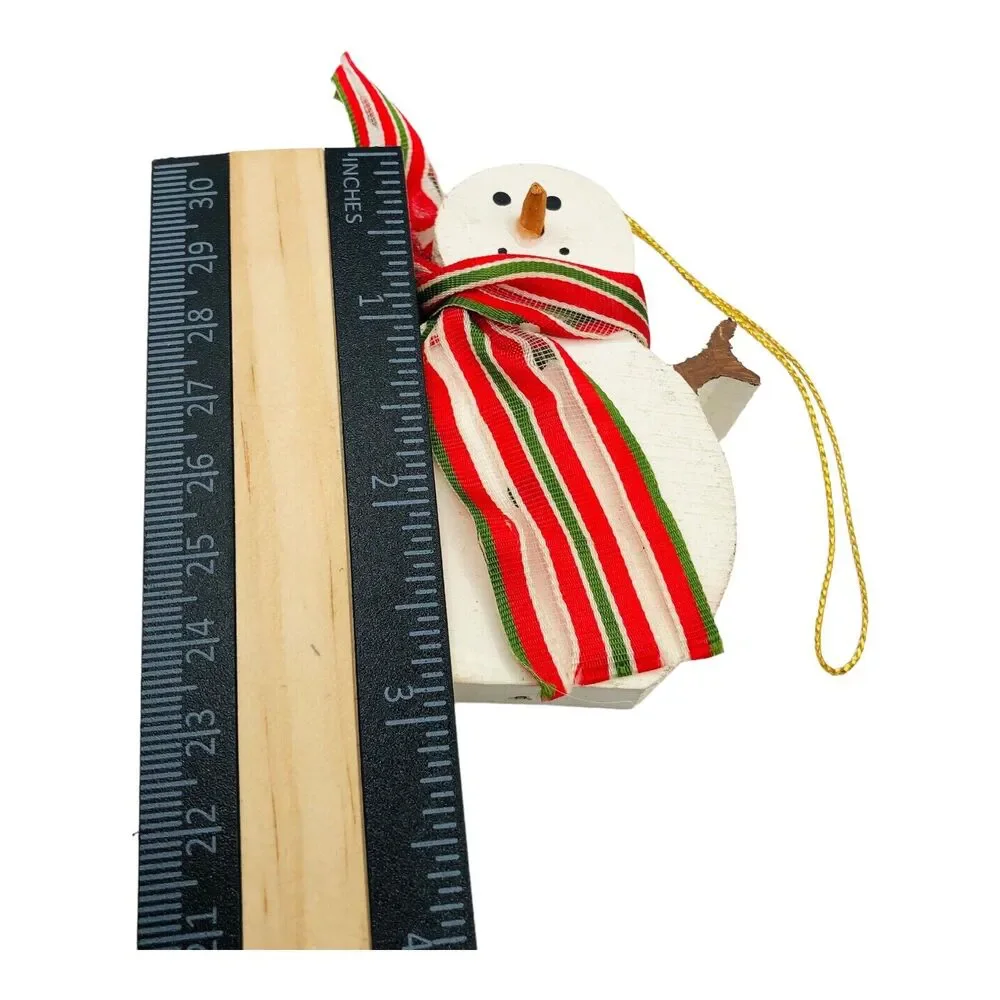 Country Wooden Block Snowman Christmas Tree Ornament Ribbon Scarf Red Green